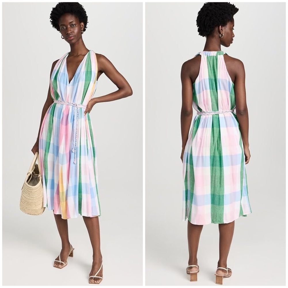 New Mille Marilyn Belted Sleeveless Cotton Midi Dress in Pastel Colors Plaid L